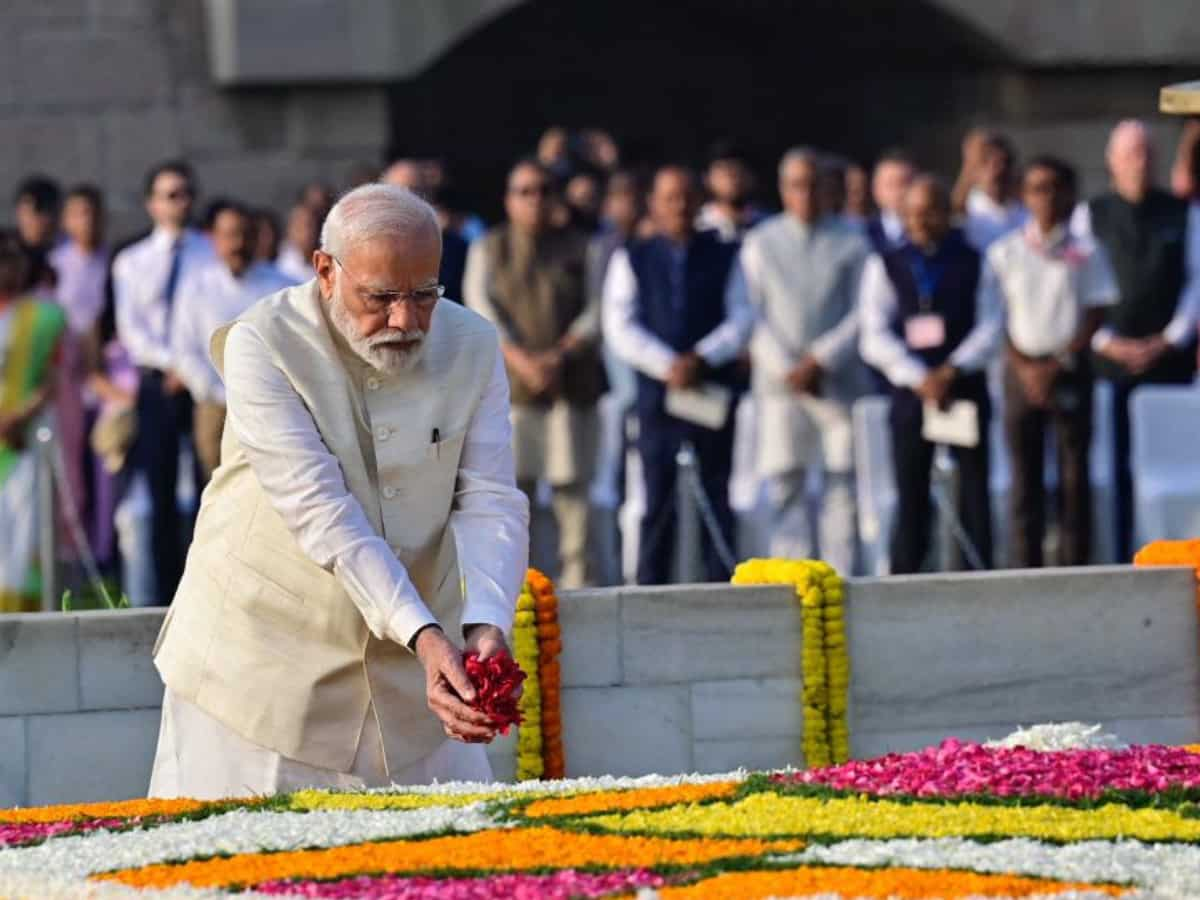 PM Modi pays tribute to Mahatma Gandhi at Rajghat on his delivery anniversary